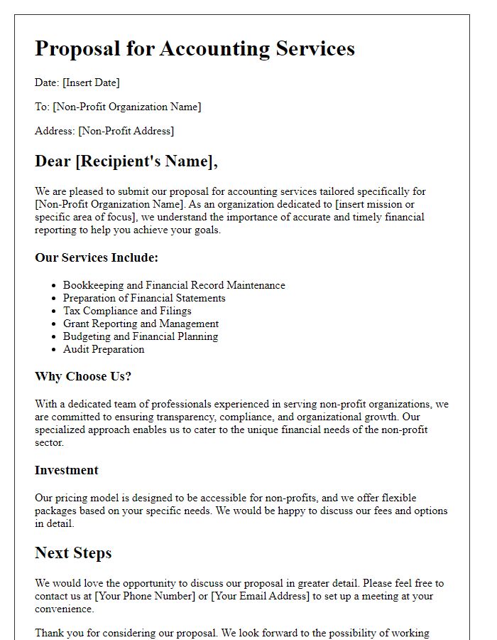 Letter template of accounting services proposal for non-profits