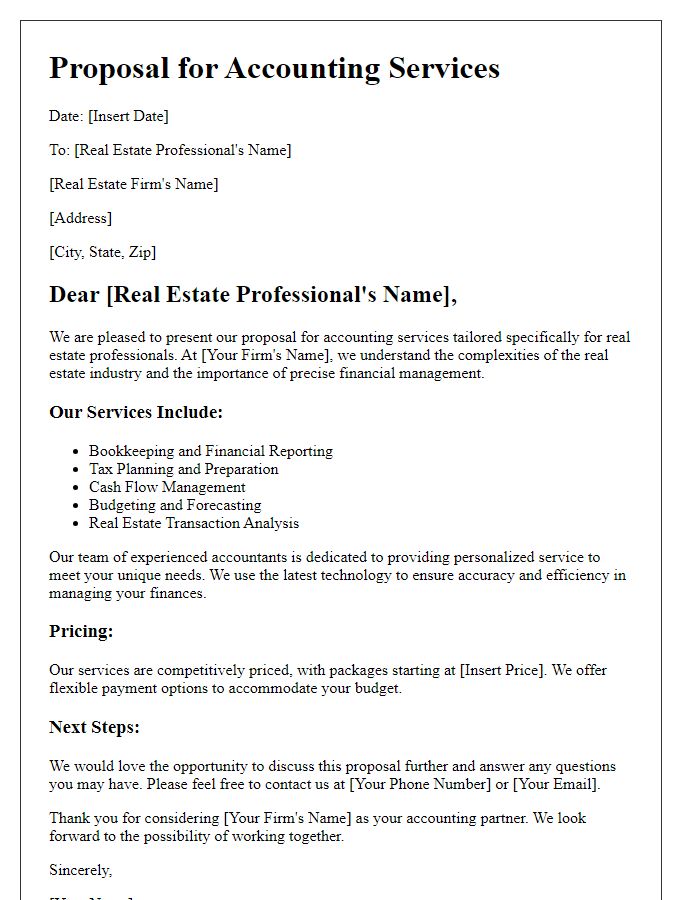 Letter template of accounting services proposal for real estate professionals