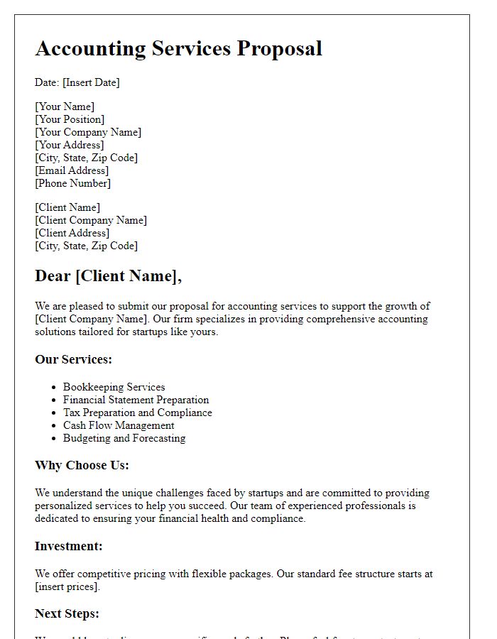 Letter template of accounting services proposal for startups