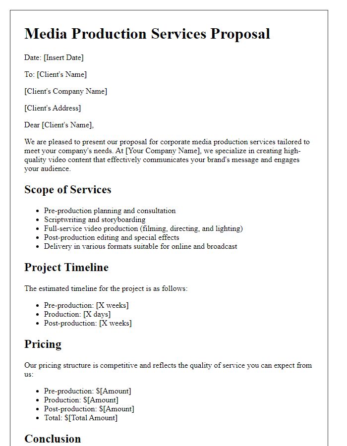 Letter template of corporate media production services proposal.