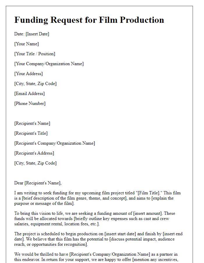 Letter template of film production funding request.