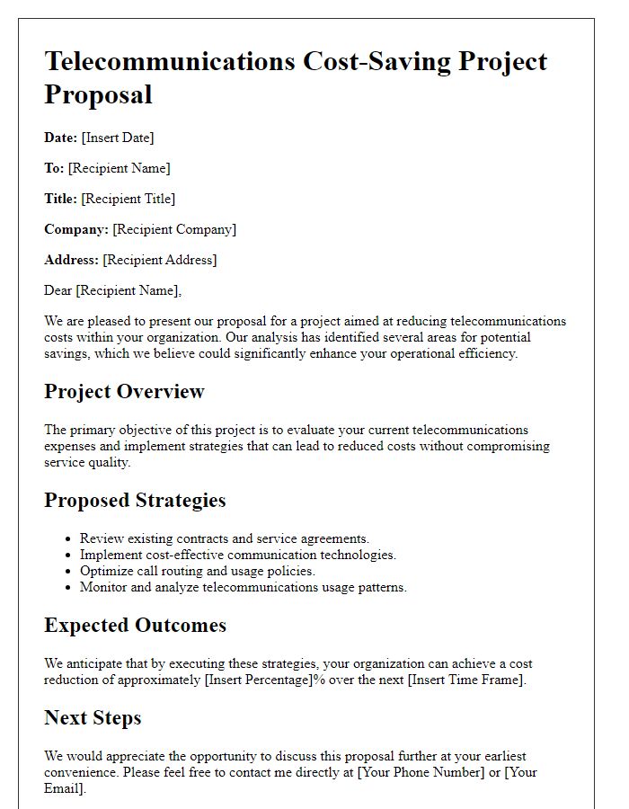 Letter template of telecommunications cost-saving project proposal