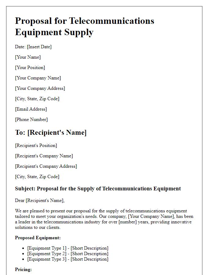 Letter template of telecommunications equipment supply proposal