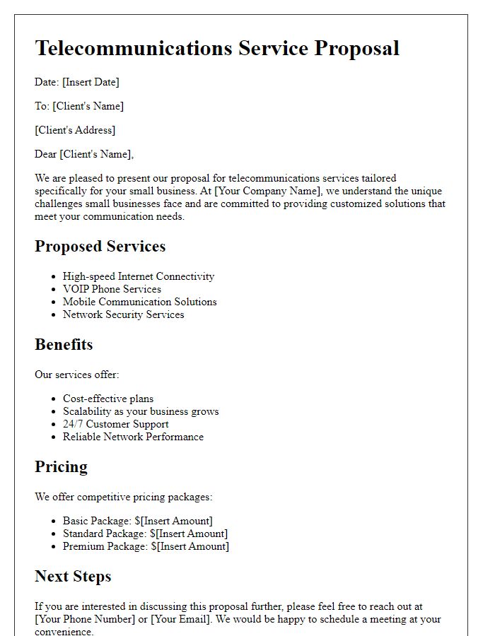 Letter template of telecommunications service proposal for small businesses