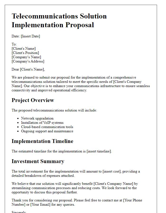 Letter template of telecommunications solution implementation proposal