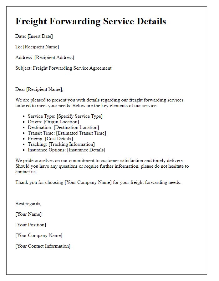 Letter template of freight forwarding service details