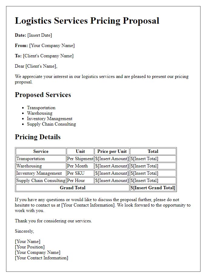 Letter template of logistics services pricing proposal