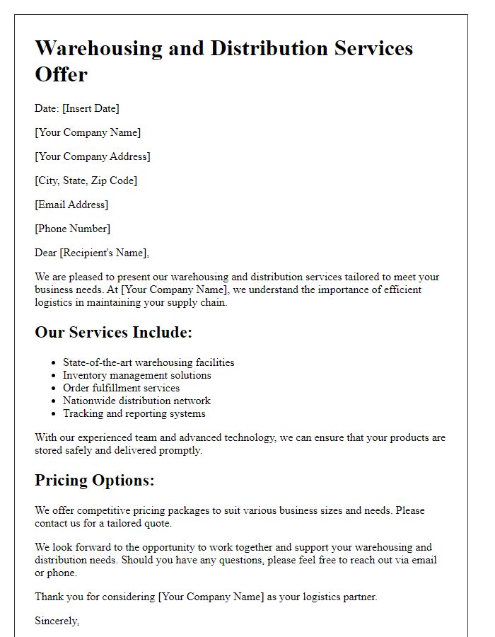 Letter template of warehousing and distribution services offer