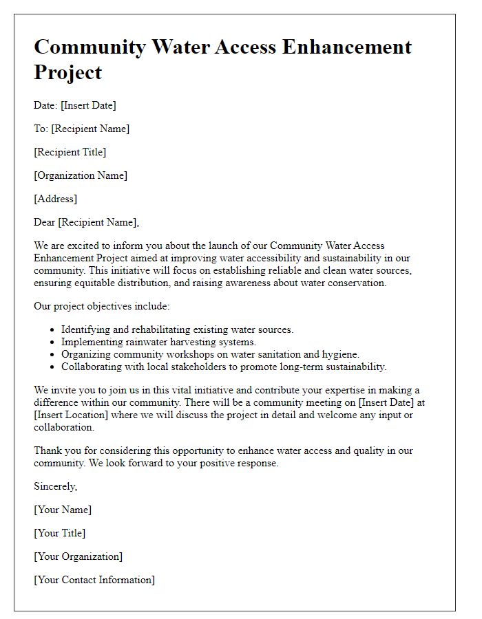 Letter template of community water access enhancement project.