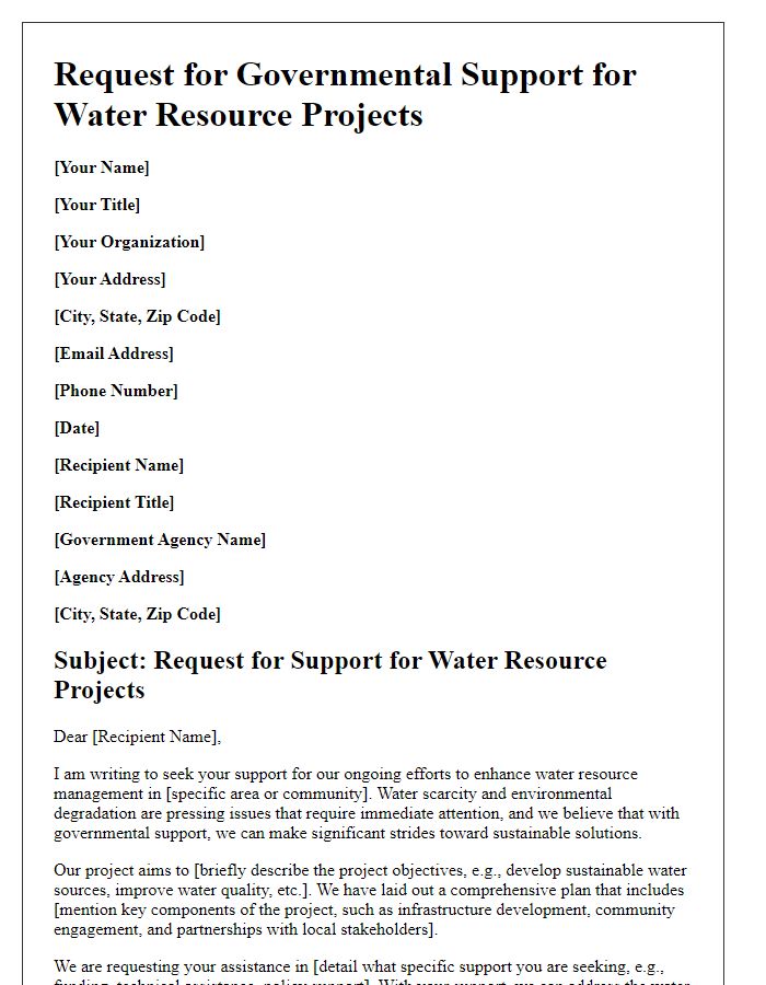 Letter template of governmental support request for water resource projects.