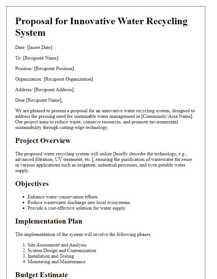 Letter template of innovative water recycling system proposal.