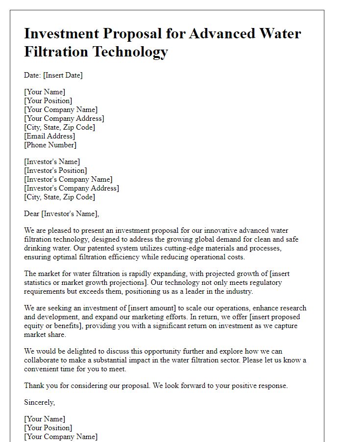 Letter template of investment proposal for advanced water filtration technology.