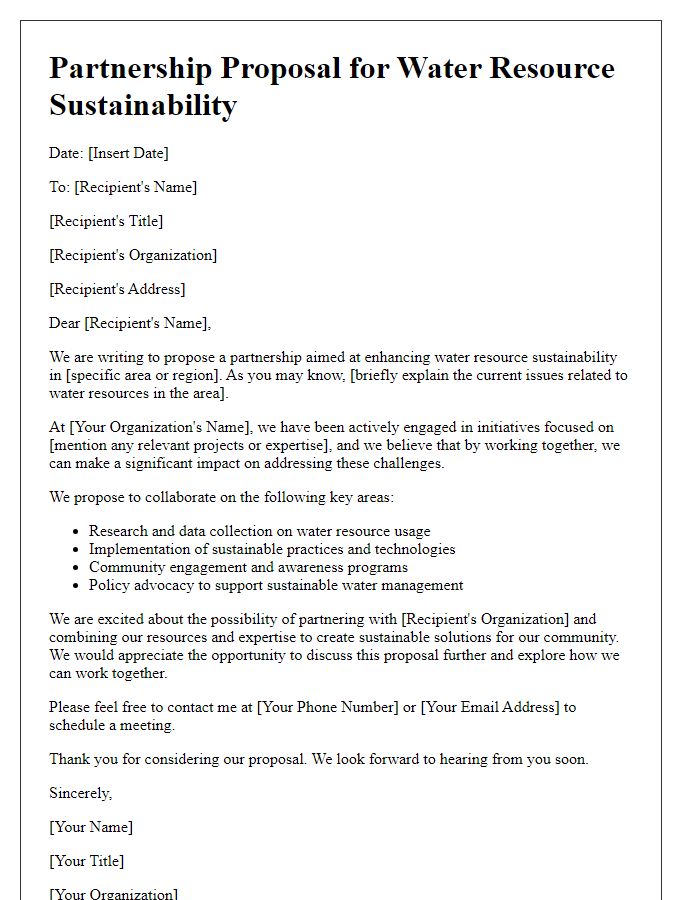 Letter template of partnership proposal for water resource sustainability.