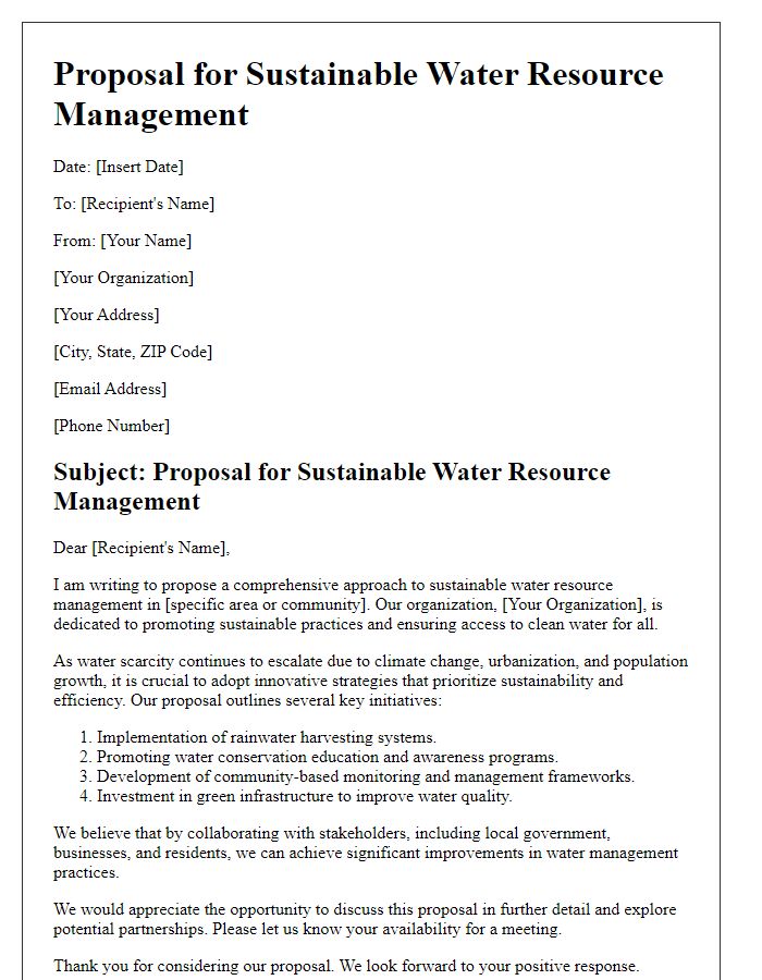 Letter template of proposal for sustainable water resource management.