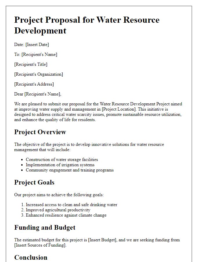 Letter template of water resource development project proposal.