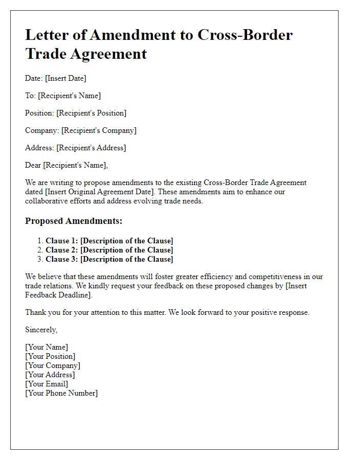 Letter template of Cross-Border Trade Agreement Amendments