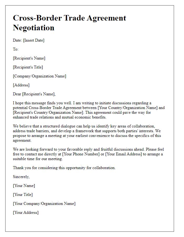 Letter template of Cross-Border Trade Agreement Negotiation