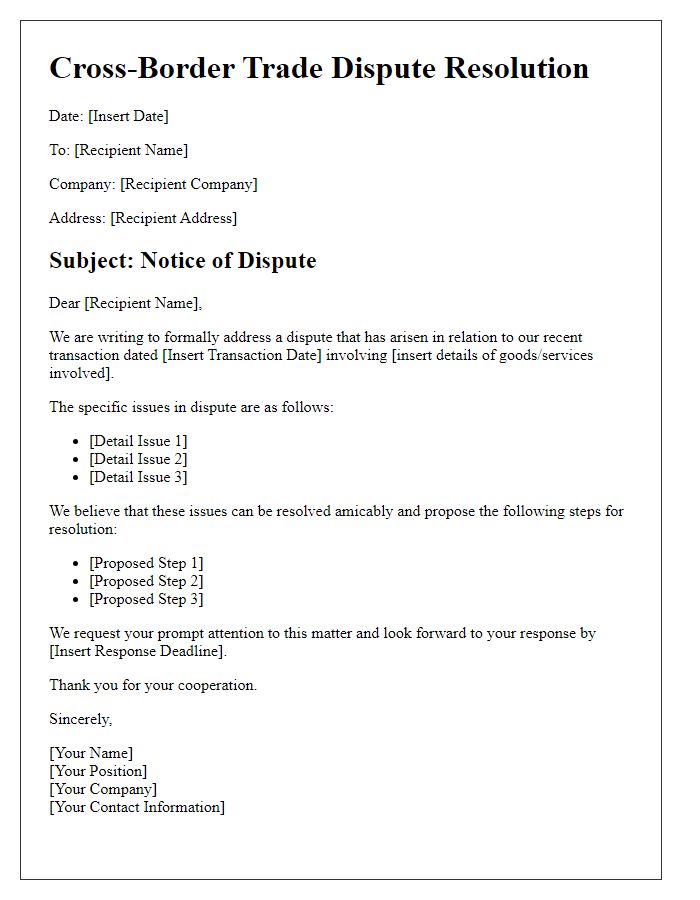 Letter template of Cross-Border Trade Dispute Resolution