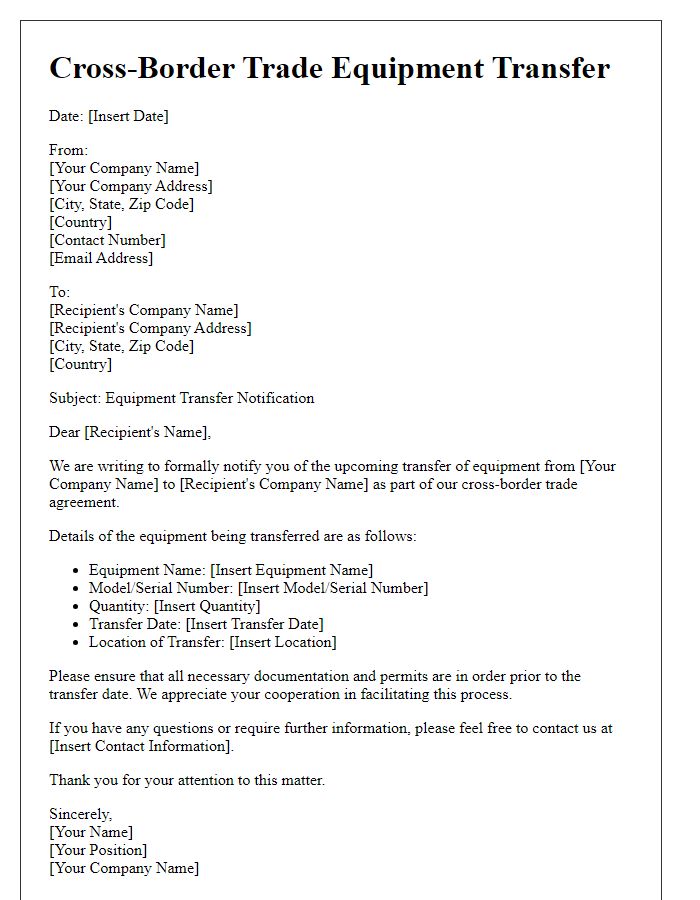 Letter template of Cross-Border Trade Equipment Transfer