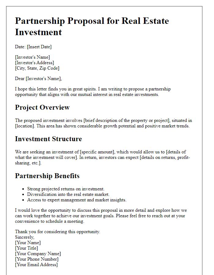 Letter template of a real estate investment partnership proposal