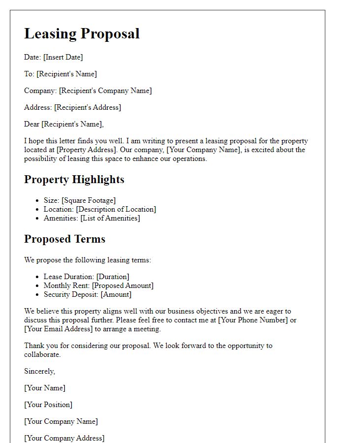 Letter template of a real estate leasing proposal