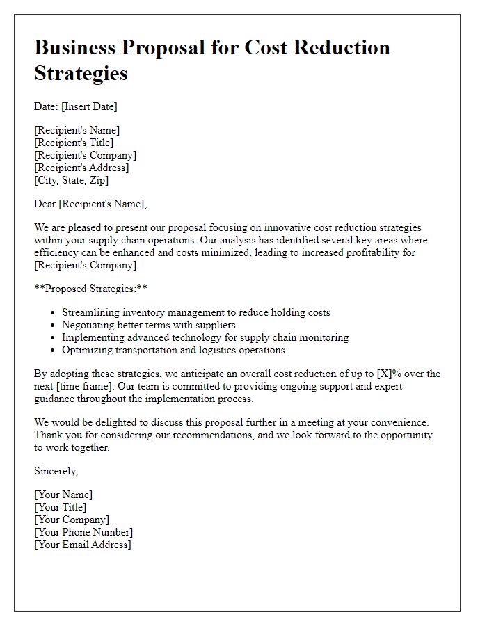 Letter template of supply chain business proposal for cost reduction strategies.