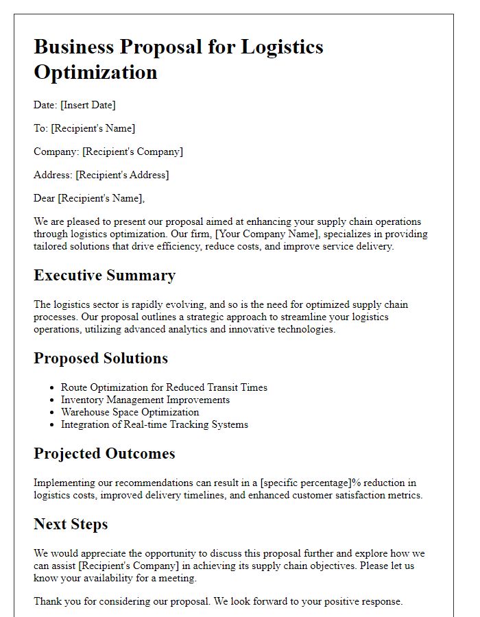 Letter template of supply chain business proposal for logistics optimization.