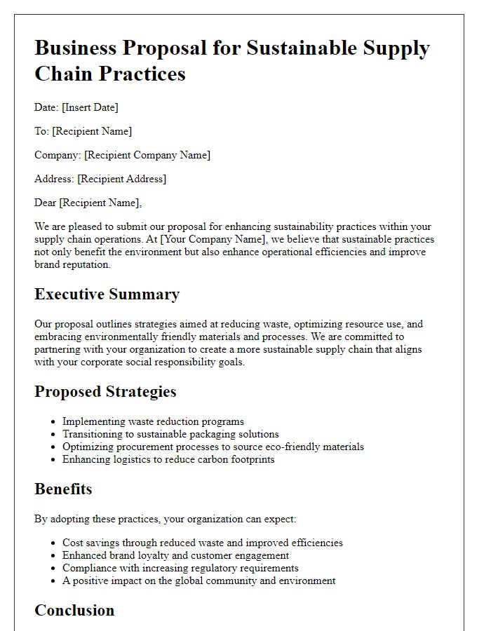 Letter template of supply chain business proposal for sustainability practices.