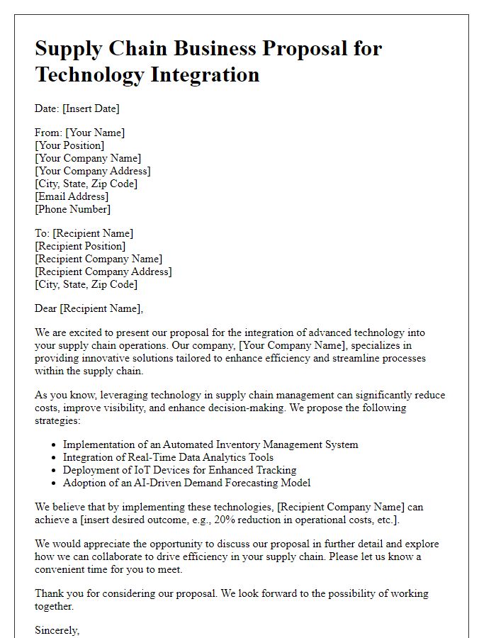 Letter template of supply chain business proposal for technology integration.