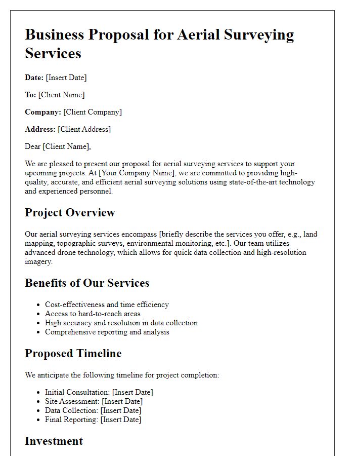 Letter template of aviation services business proposal for aerial surveying.