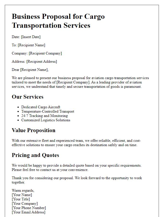 Letter template of aviation services business proposal for cargo transportation.