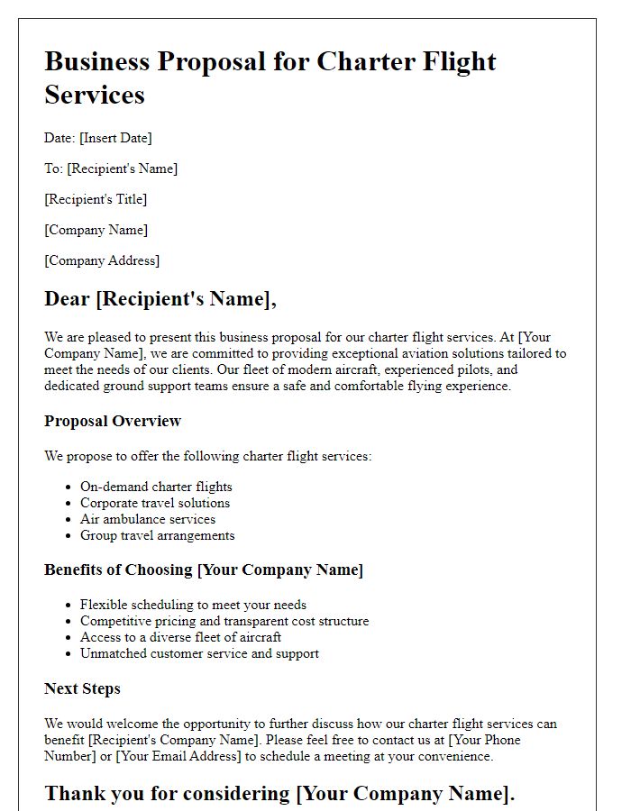 Letter template of aviation services business proposal for charter flight services.