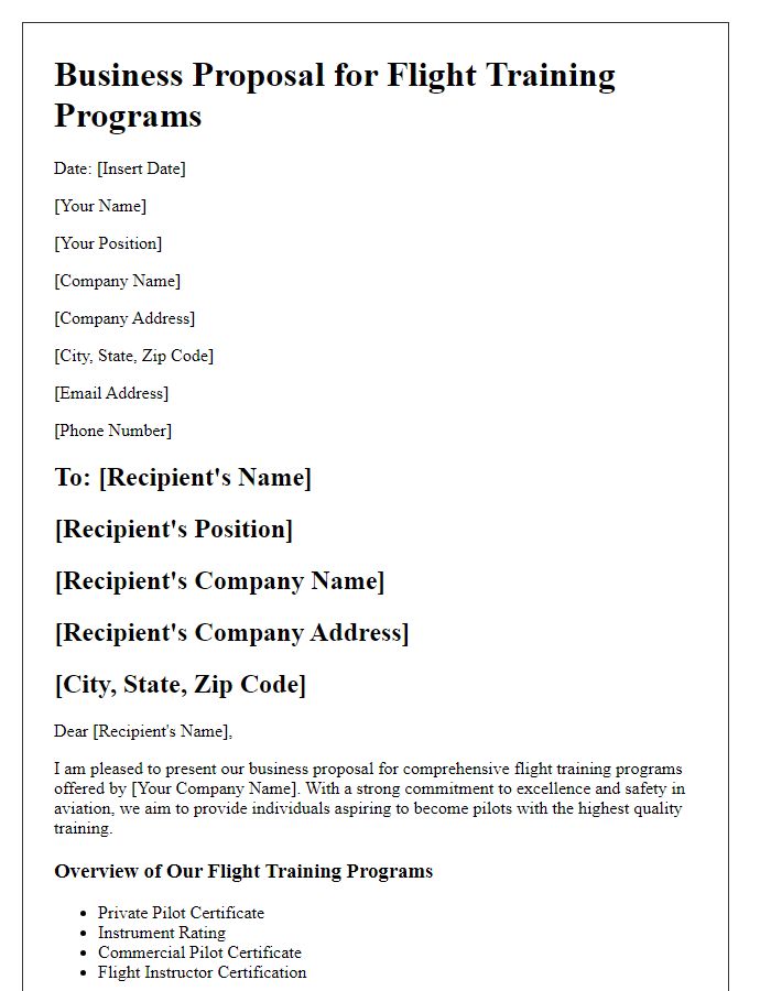 Letter template of aviation services business proposal for flight training programs.