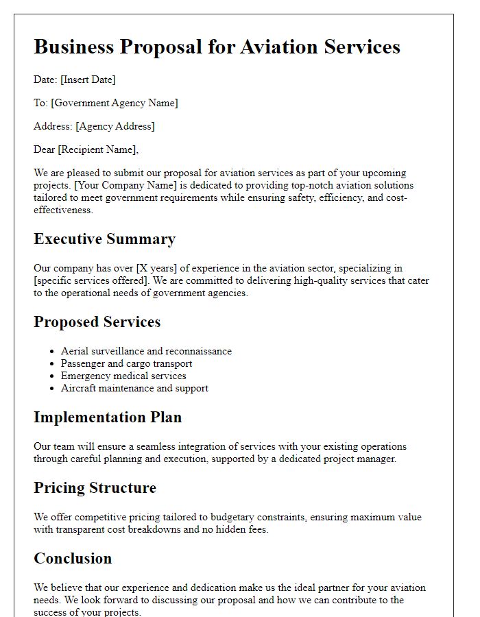 Letter template of aviation services business proposal for government contracts.