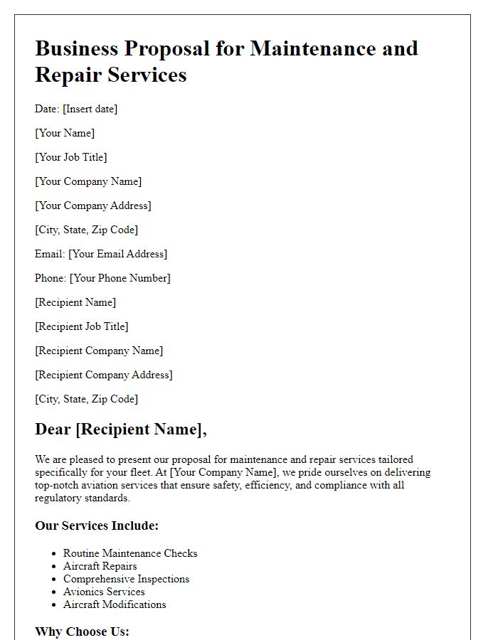 Letter template of aviation services business proposal for maintenance and repair services.