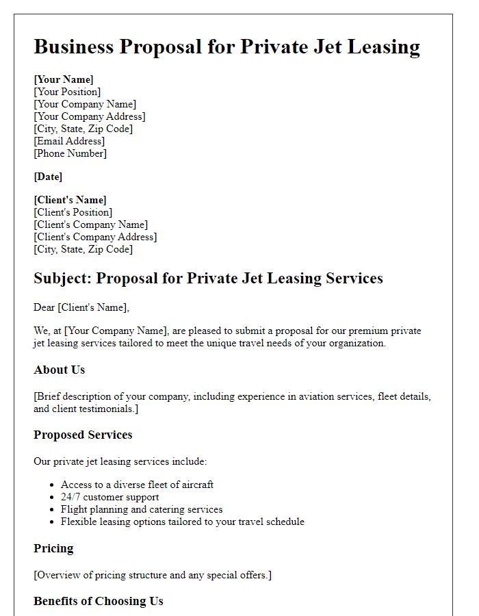 Letter template of aviation services business proposal for private jet leasing.