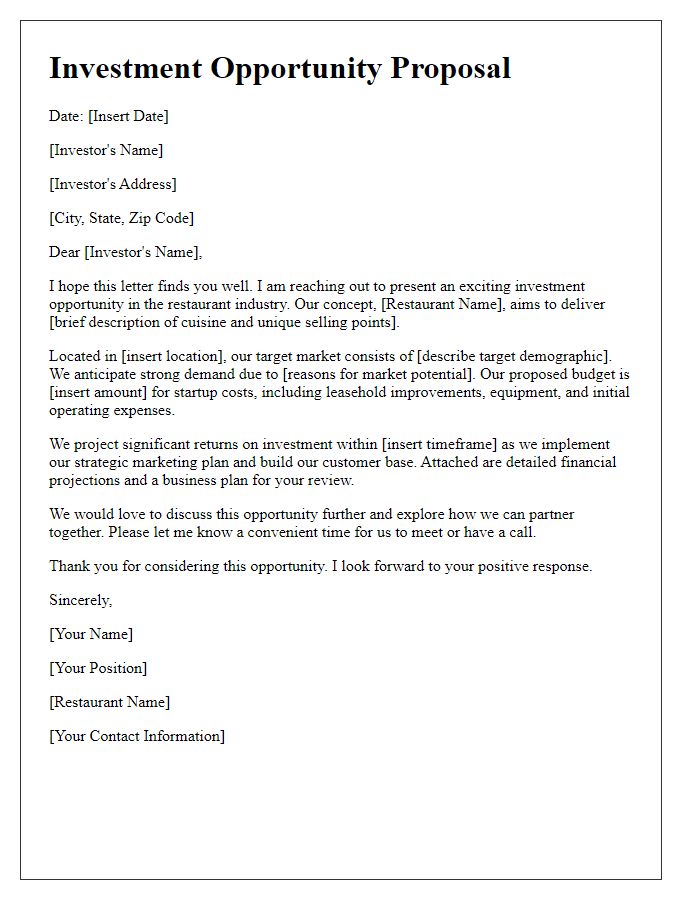 Letter template of restaurant investment opportunity proposal.