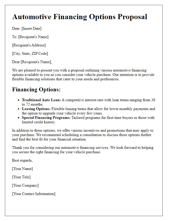 Letter template of automotive financing options proposal