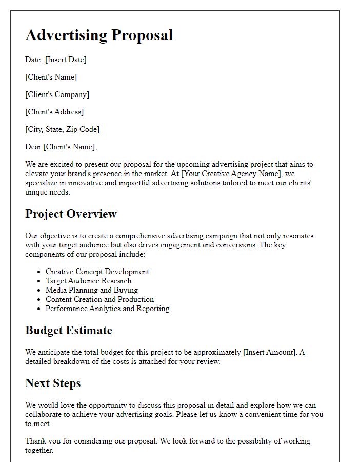 Letter template of advertising proposal for a creative agency project.