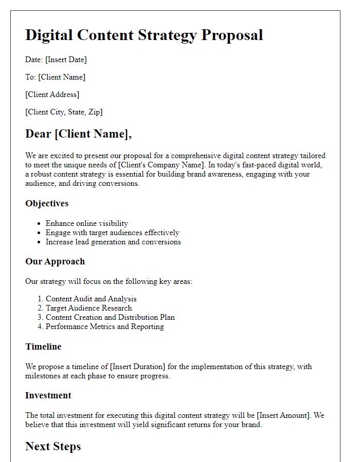 Letter template of digital content strategy proposal from a creative agency.