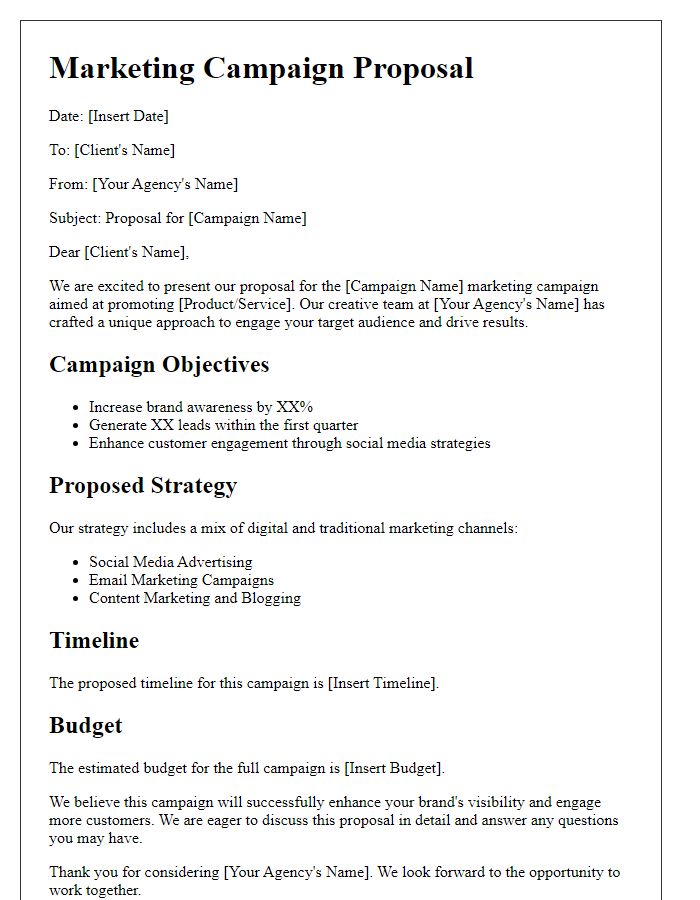 Letter template of marketing campaign proposal by a creative agency.