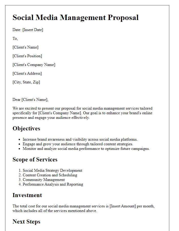 Letter template of social media management proposal for a creative agency.