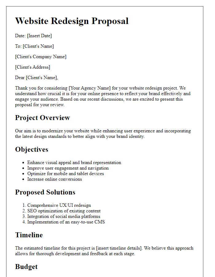 Letter template of website redesign proposal by a creative agency.