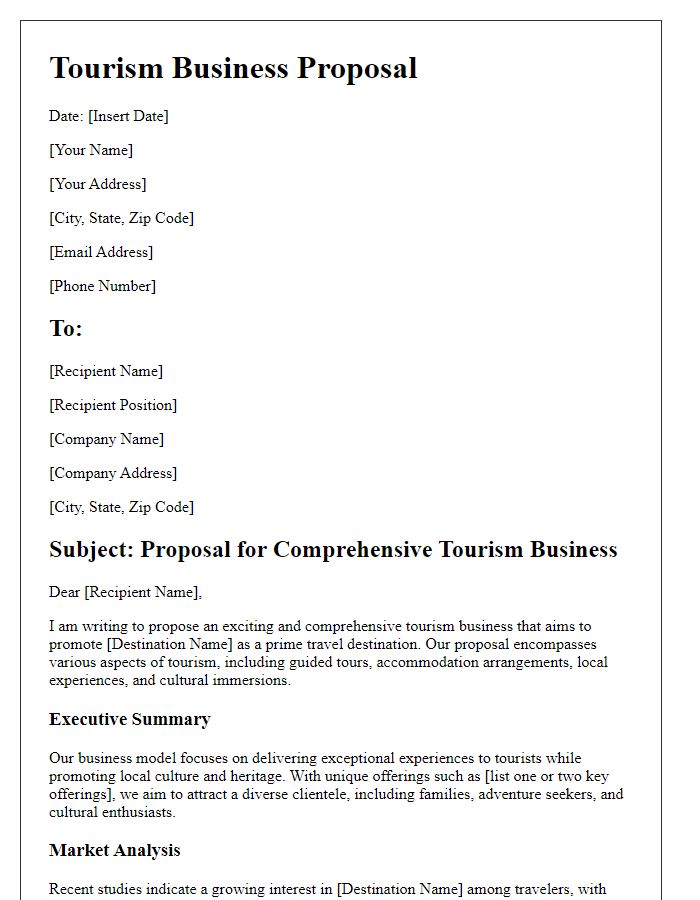 Letter template of a comprehensive tourism business proposal.