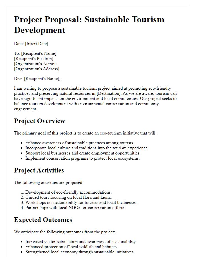 Letter template of a sustainable tourism project proposal.