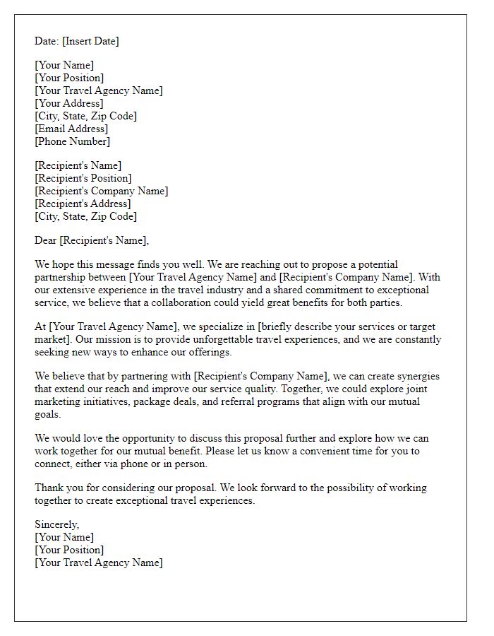 Letter template of a travel agency partnership proposal.