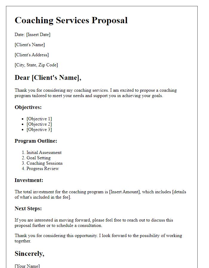 Letter template of a coaching services proposal