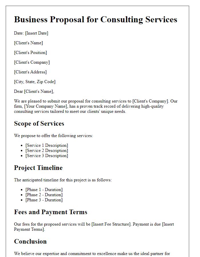 Letter template of a formal business proposal for consulting services