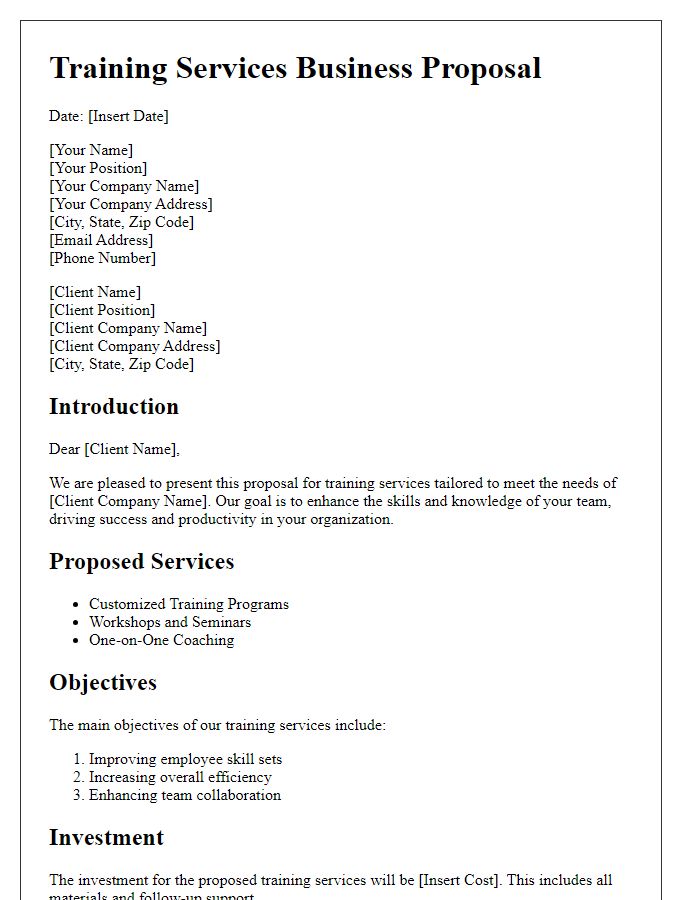 Letter template of a training services business proposal