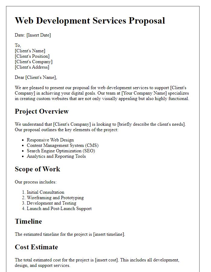 Letter template of a web development services proposal